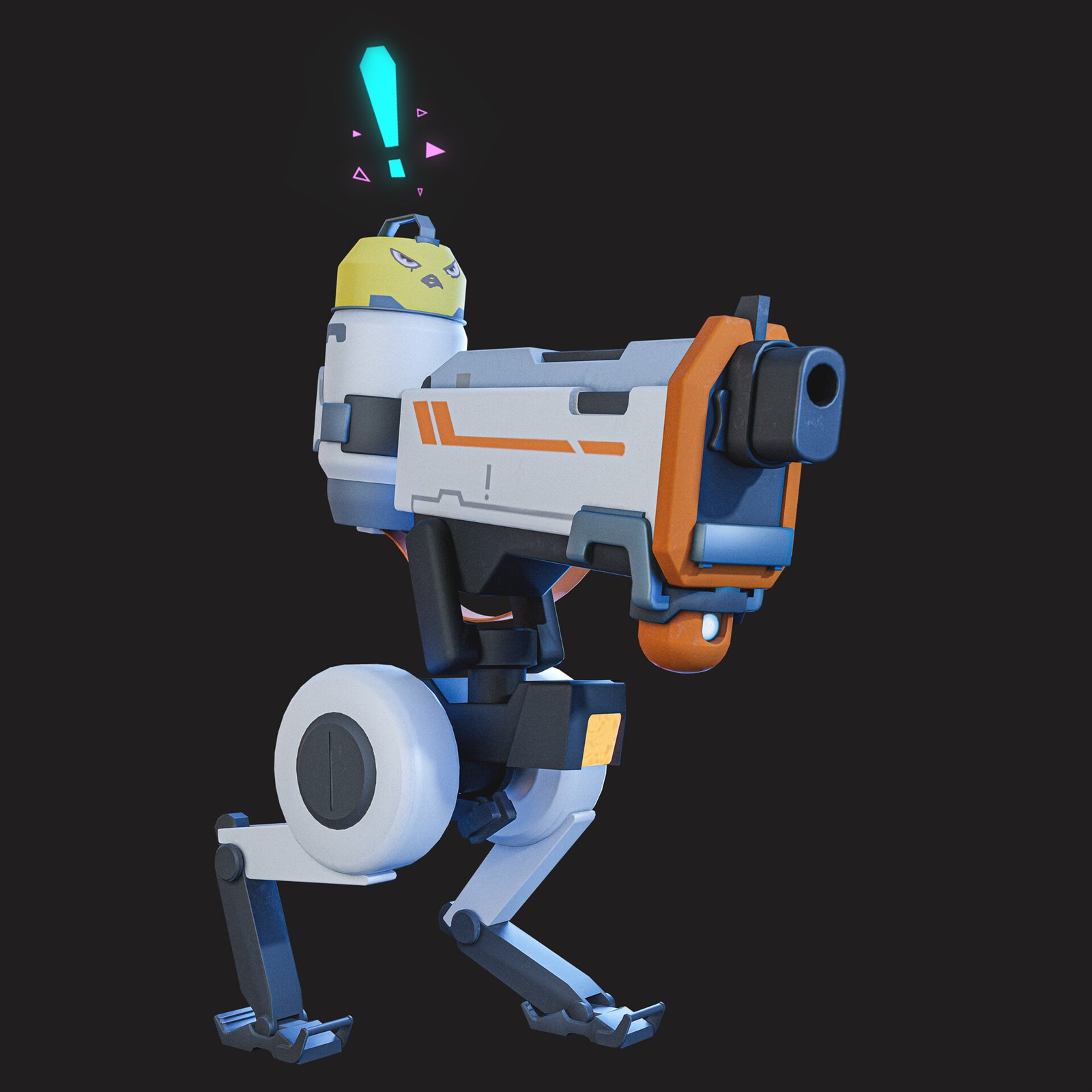 Stylized robot character carrying a weapon