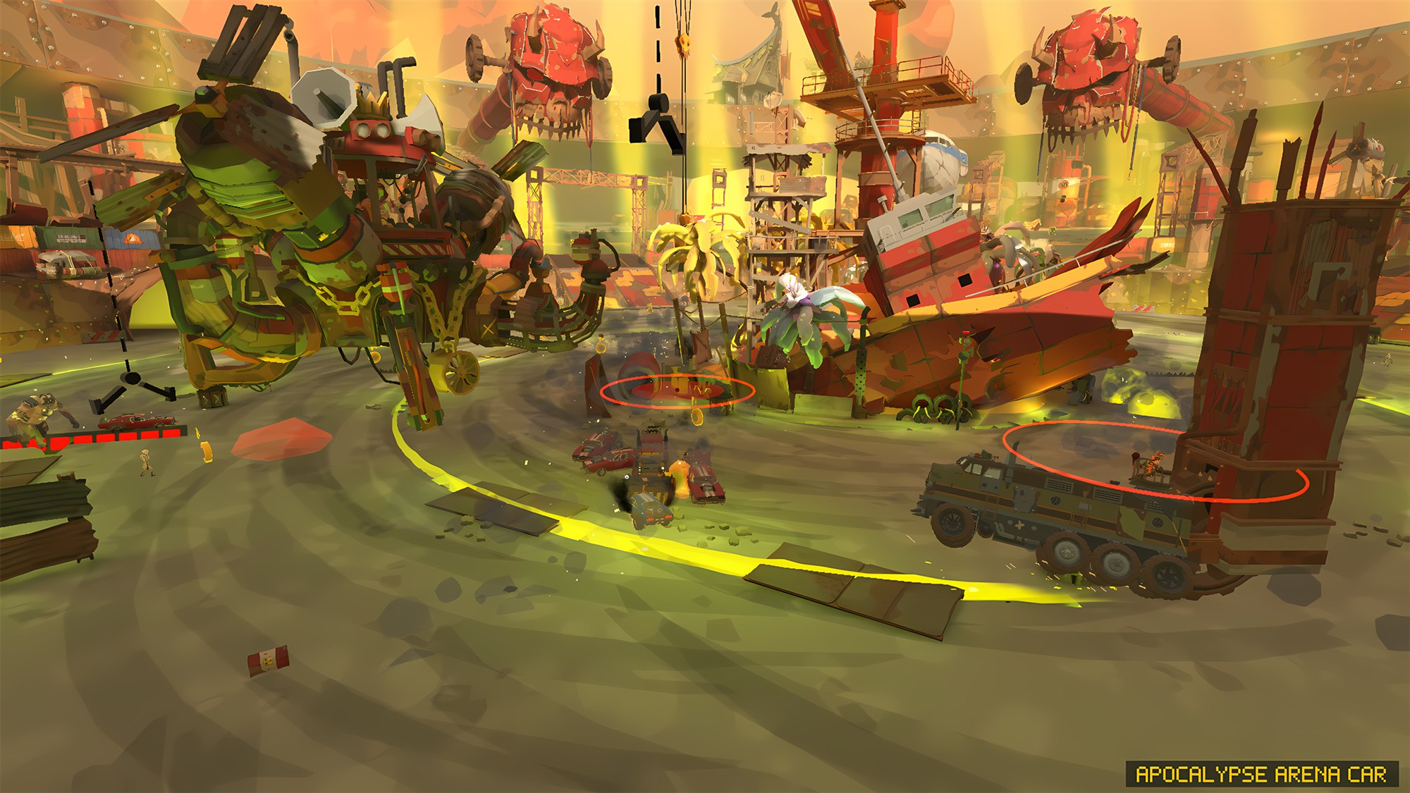 Vehicle battle around industrial arena hazards