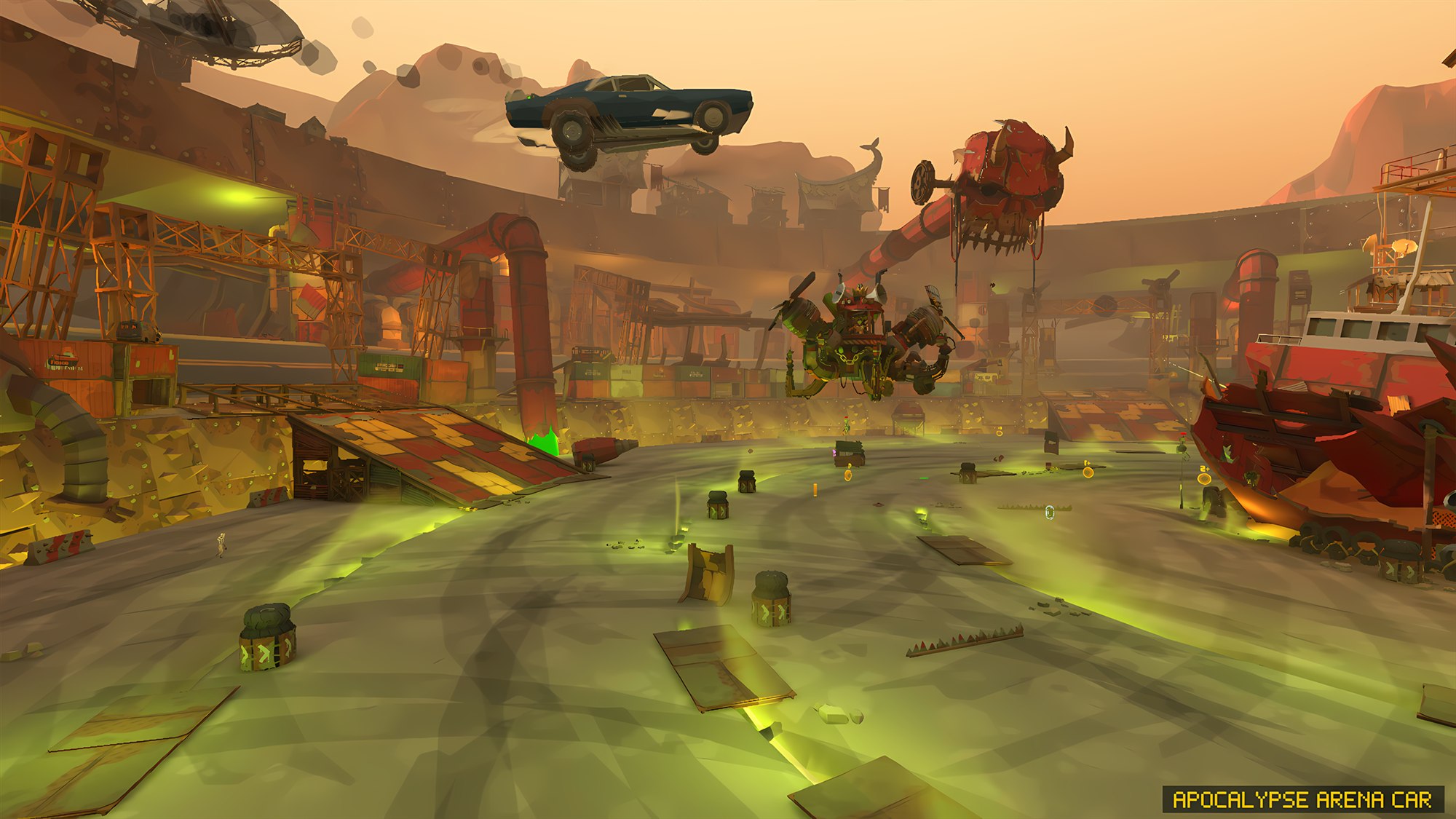 Combat car jumping above a toxic arena