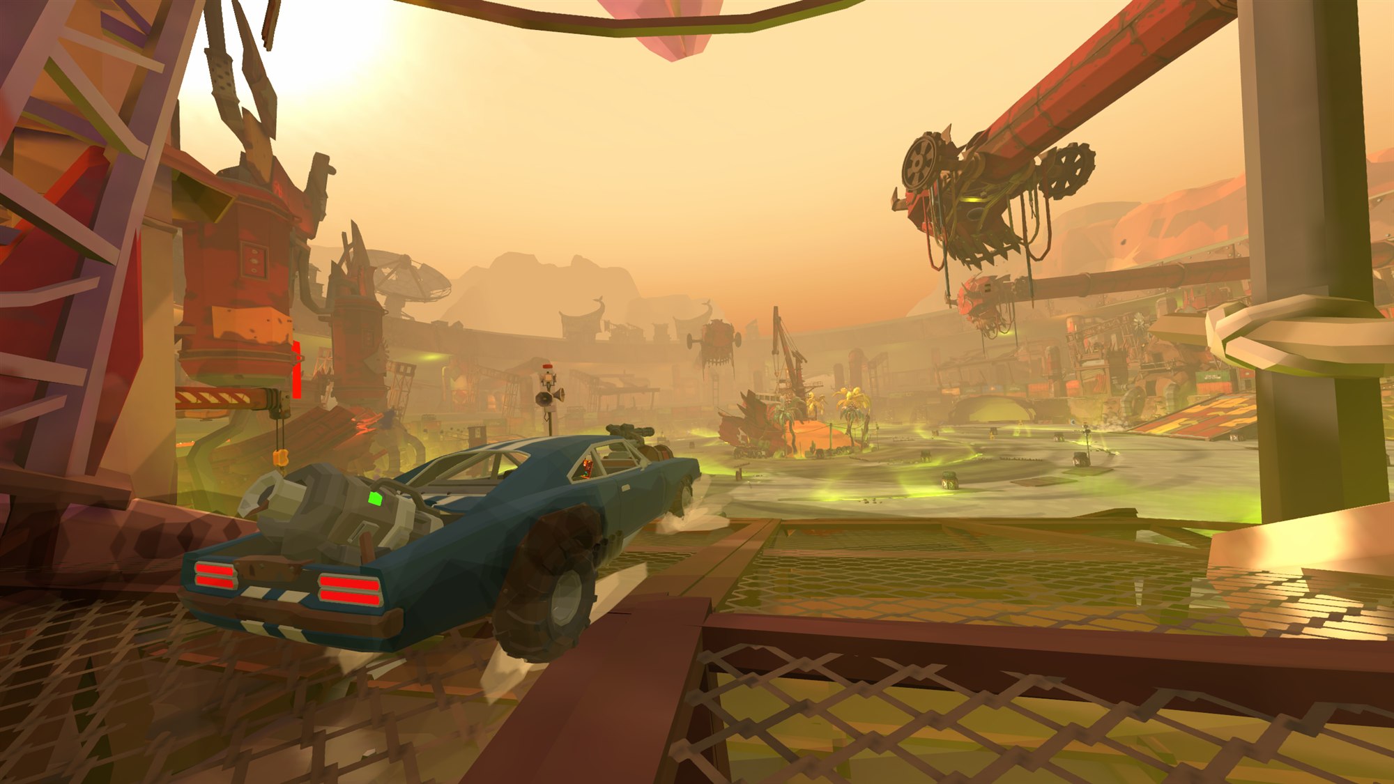 Blue combat car entering the post-apocalyptic arena