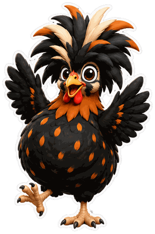 A black and gold spangled hen mid-flap