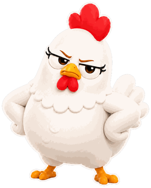 A grumpy white hen with its wings on its hips