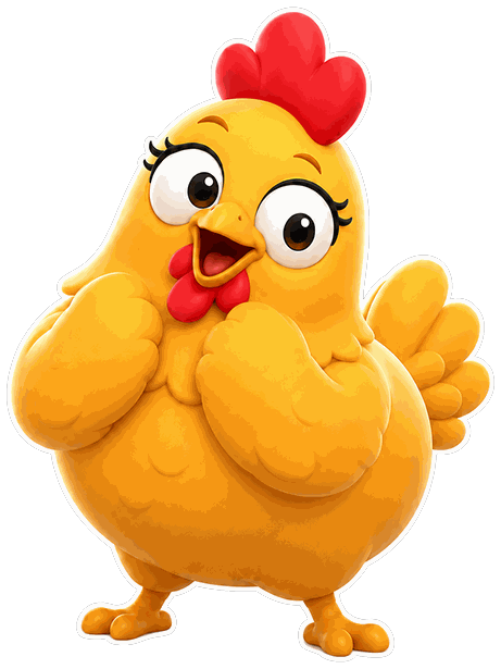 A cheerful yellow cartoon hen waving a wing