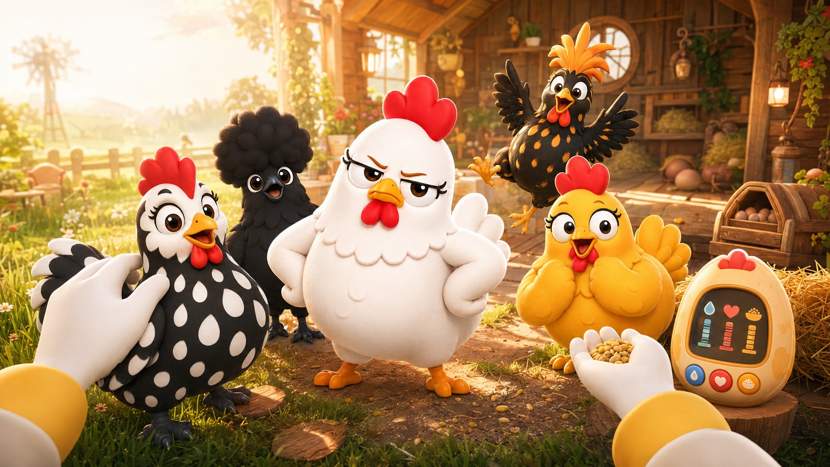 Five cartoon chickens posing in front of a sunlit wooden barn