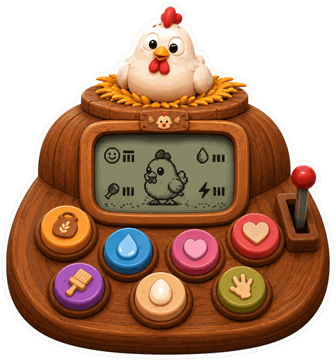 The CluckPal station, a wooden console with a chicken perched on top