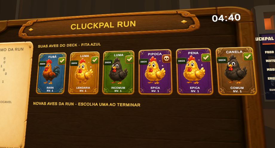 In-game CluckPal interface listing birds available for a run