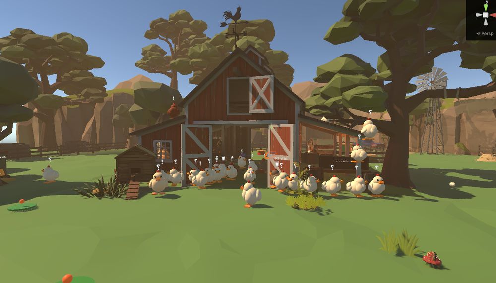 In-engine view of a large flock spread across the farm