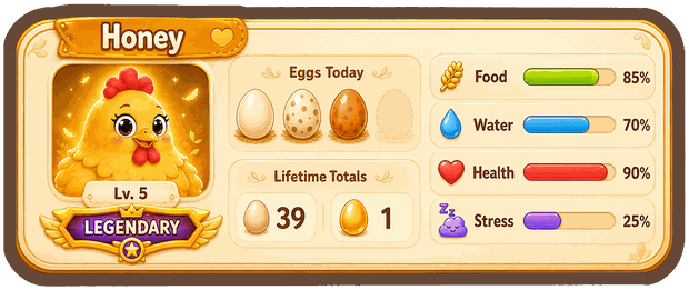 A pet status card showing eggs today, water, food, health, stress and lifetime totals