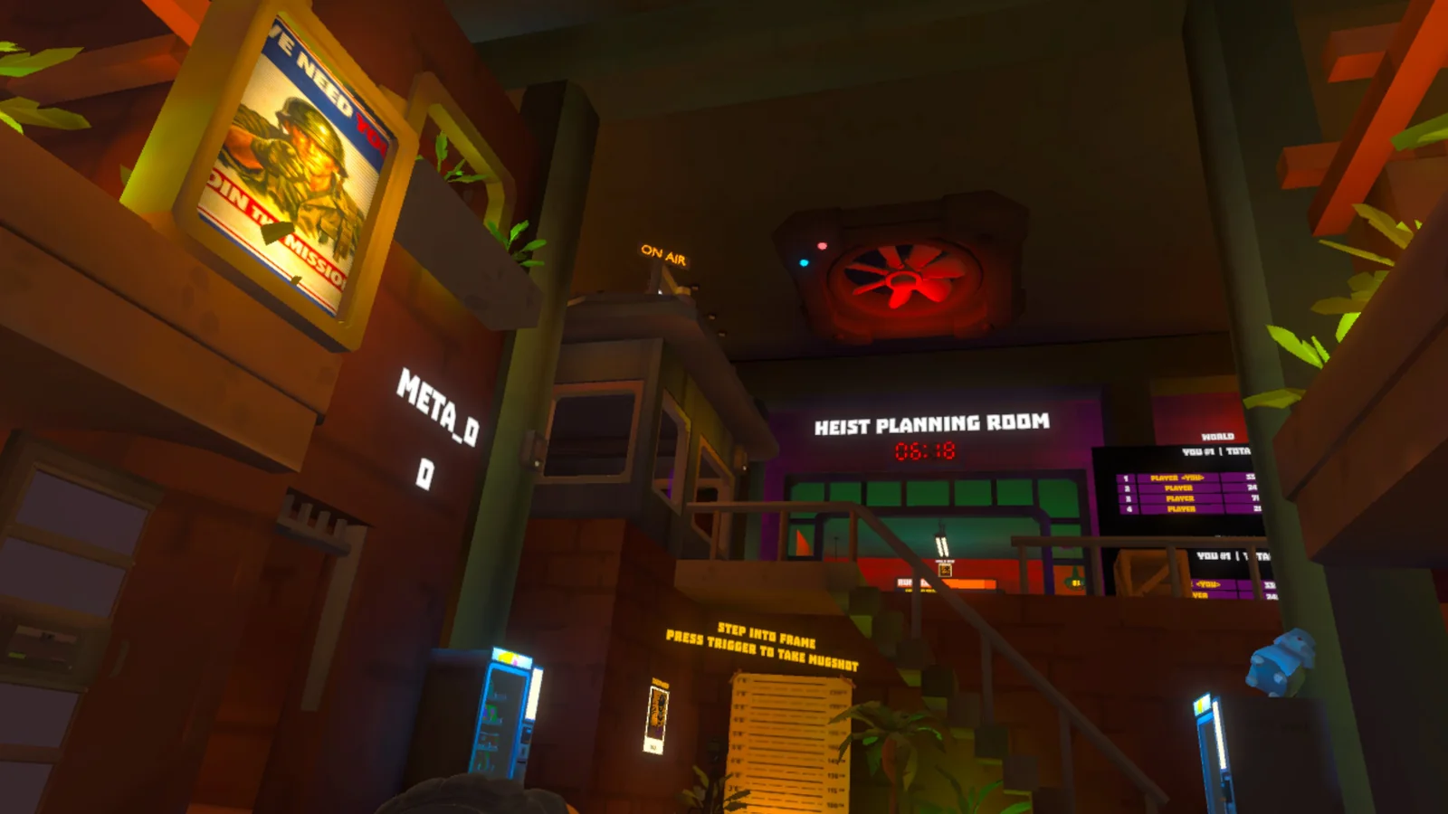 Colorful multiplayer heist planning room