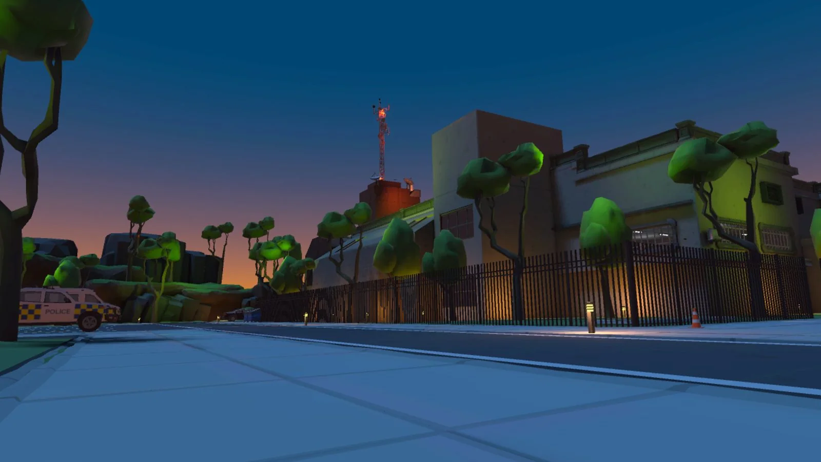 Stylized maximum-security prison exterior at dusk