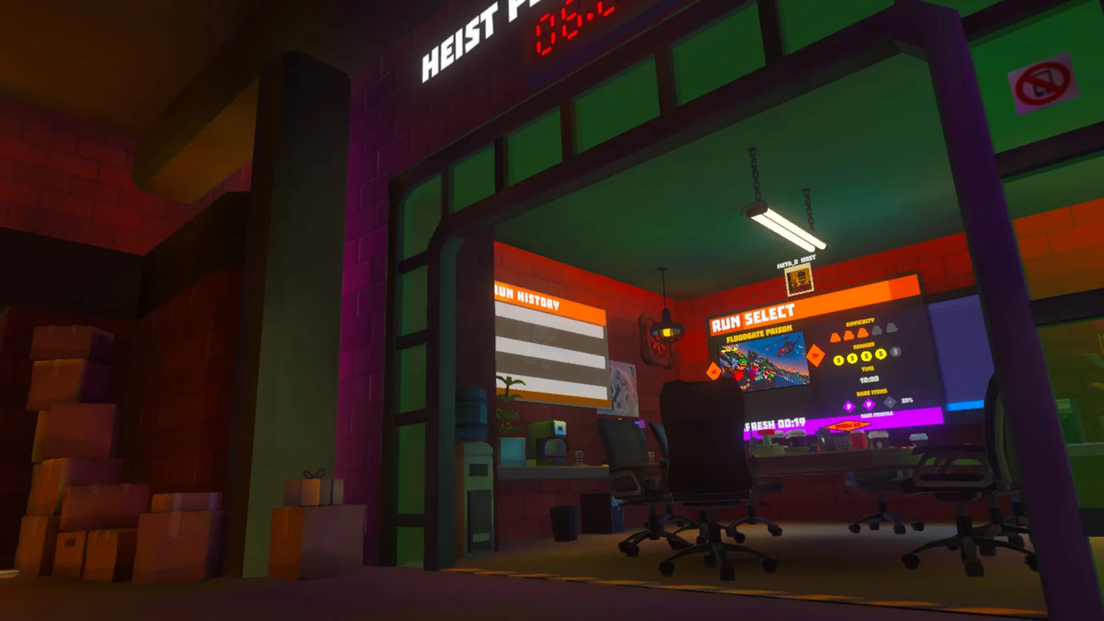 Heist planning room with run selection board