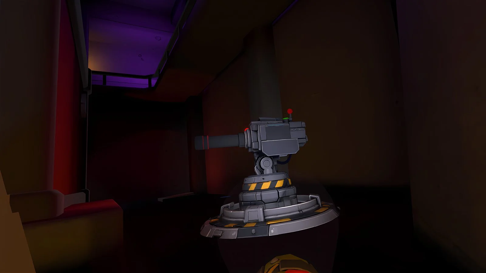 Automated security turret inside a dark corridor