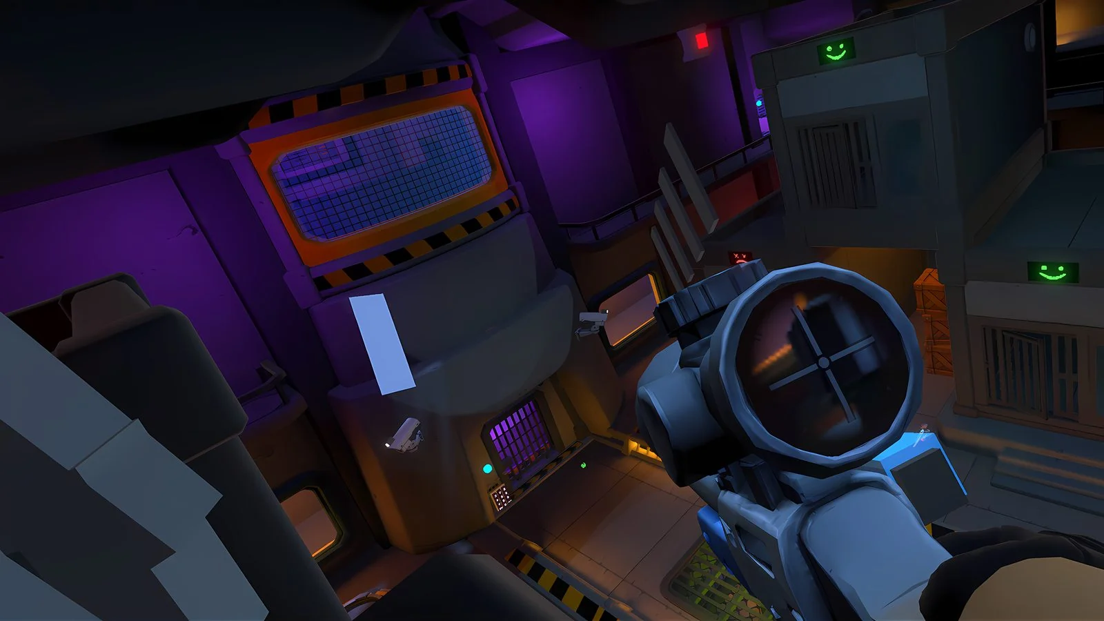 First-person VR view aiming through a prison cellblock