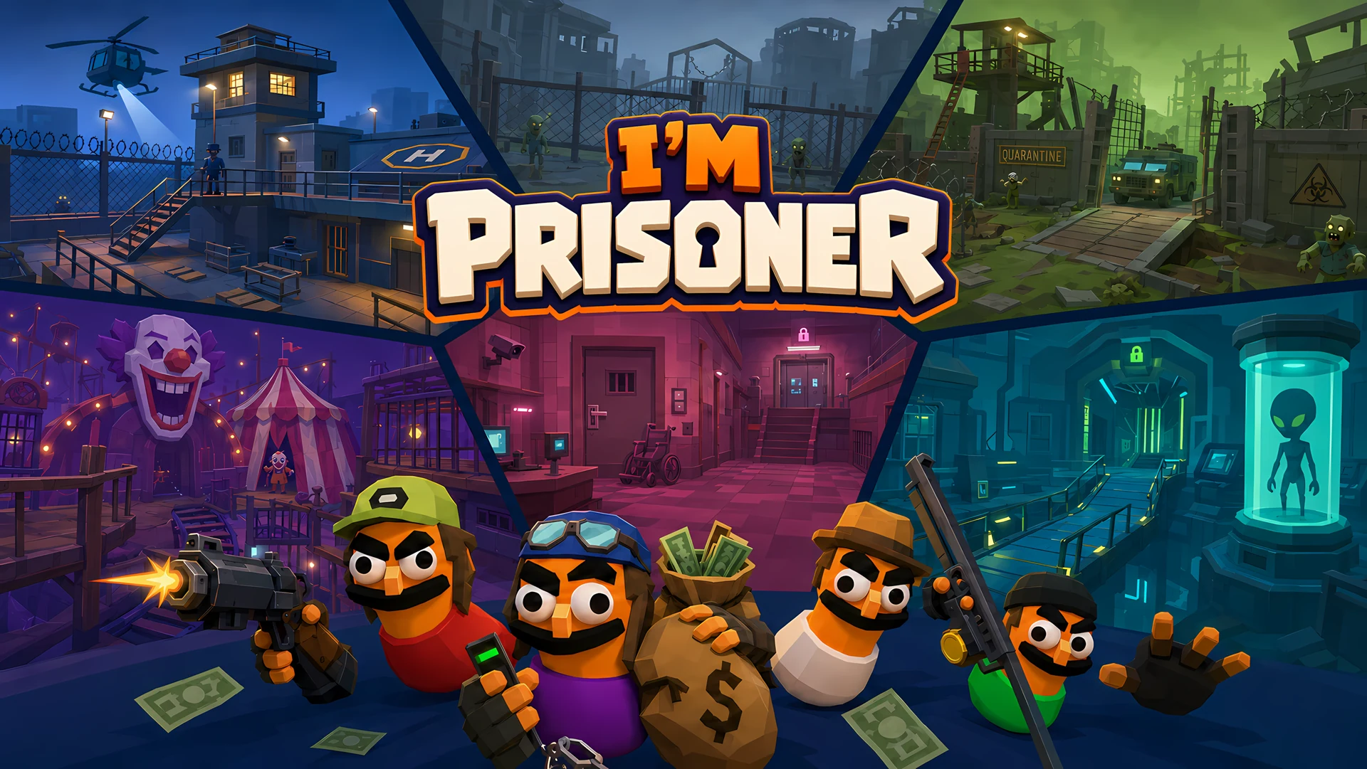I'm Prisoner key art showing prison, quarantine, carnival, asylum and alien escape worlds
