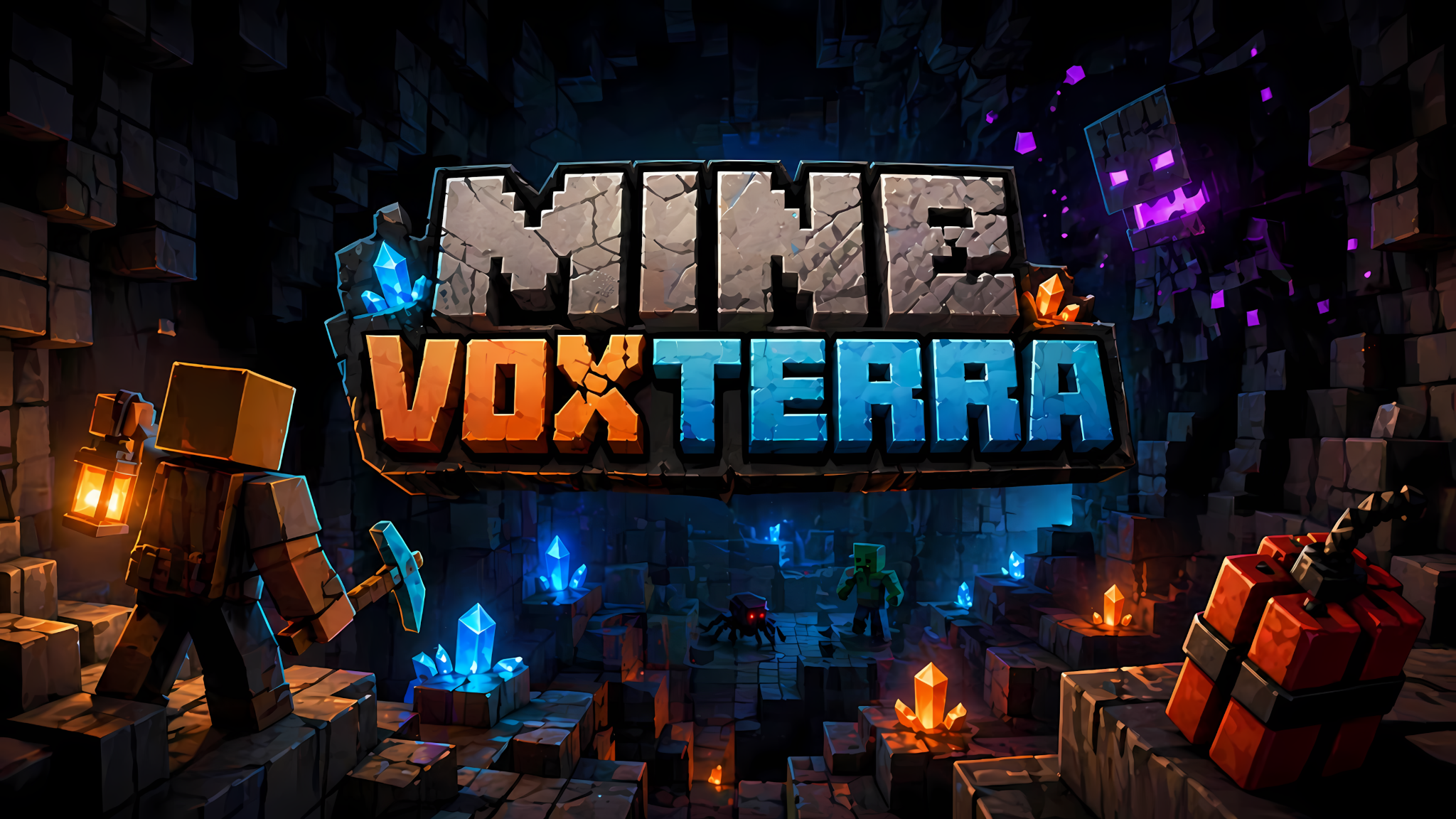 Mine Voxterra key art showing an underground cavern, crystals, enemies, and a player holding a lantern