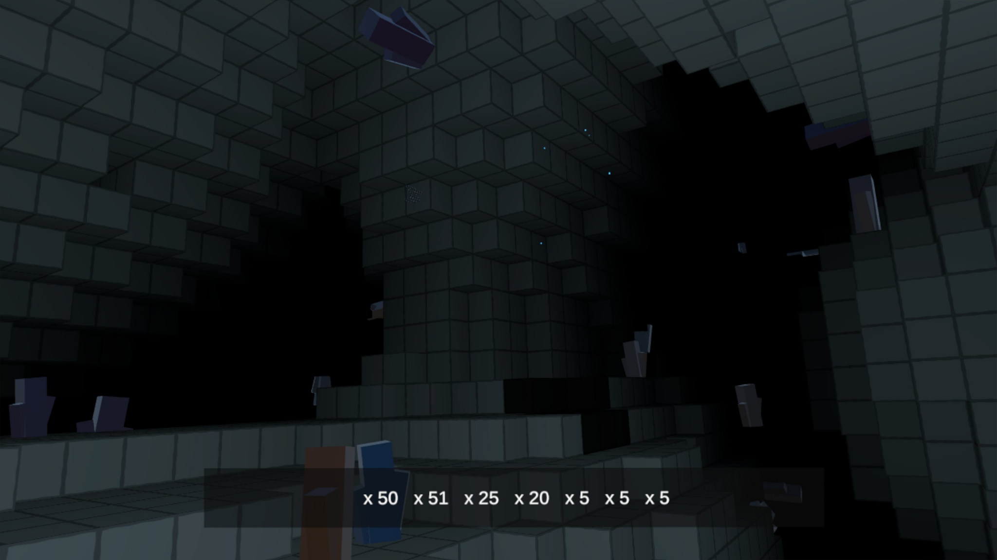 Dark underground block cavern with inventory bar visible