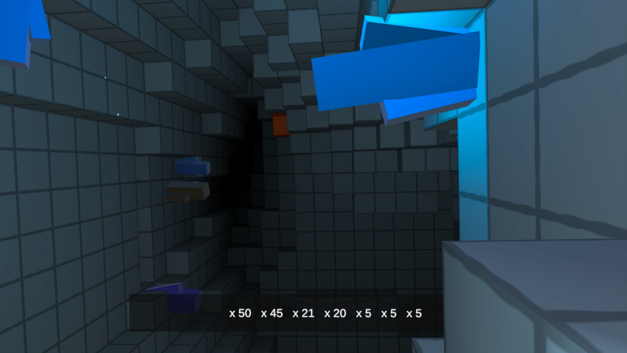Narrow underground corridor with blue objects and block structures