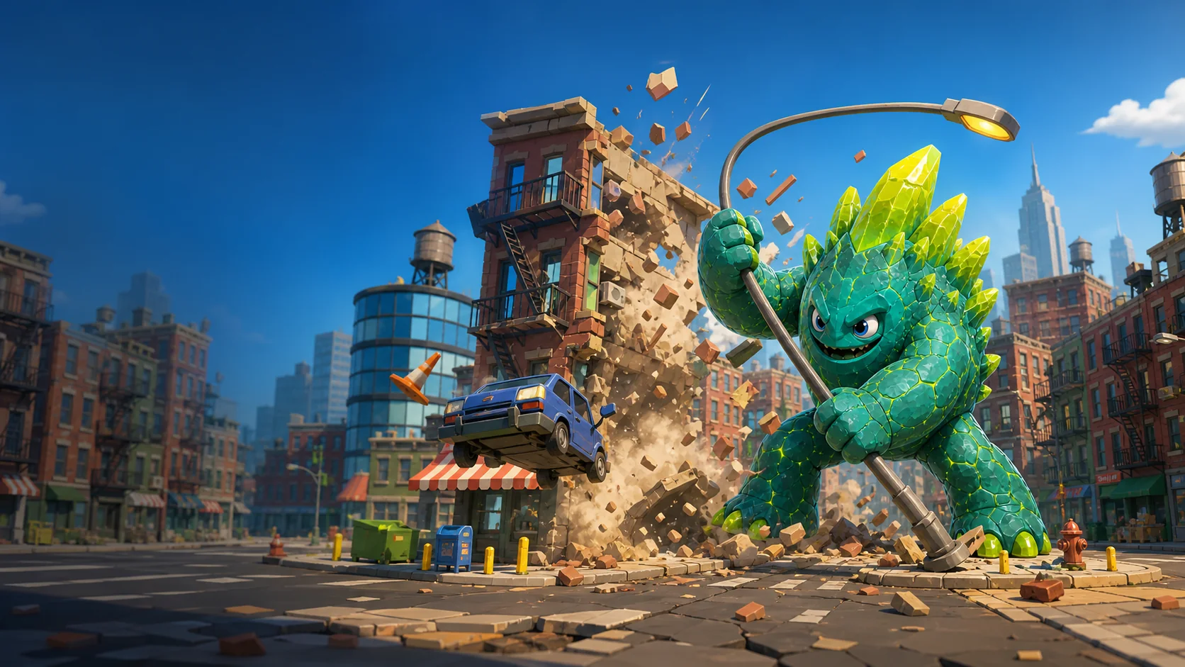 A giant green cartoon monster rampaging through a colorful city