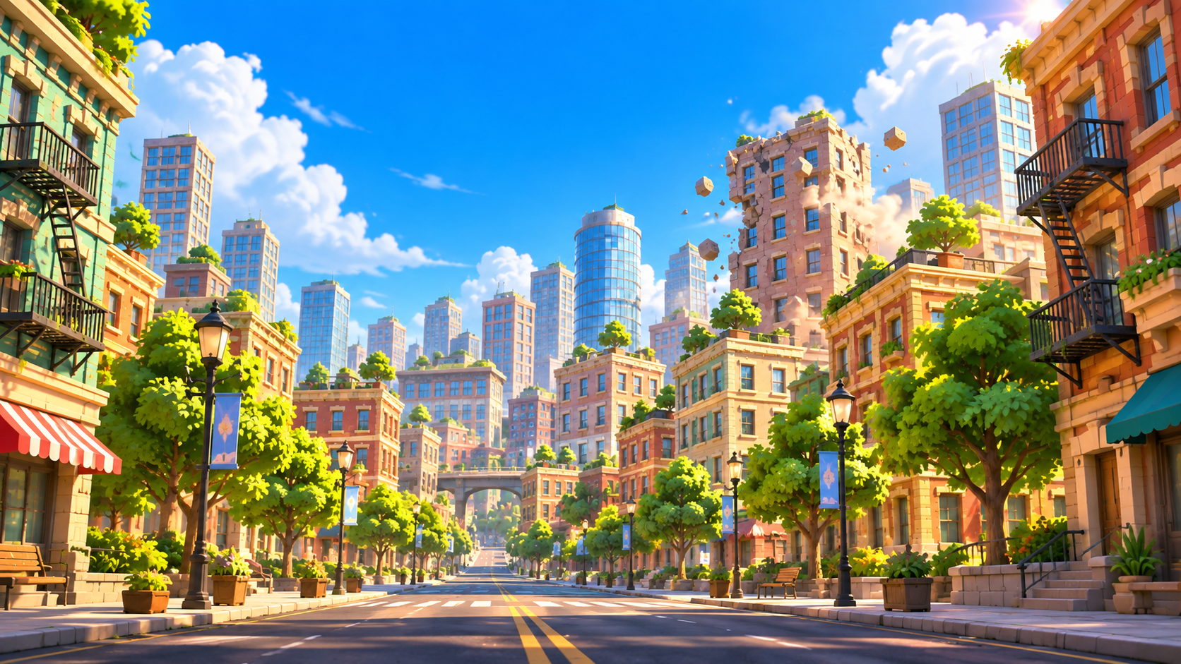 Illustrated city environment concept art